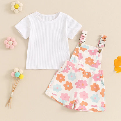 2Pcs Solid Color Ribbed Short Sleeve Clothing Set