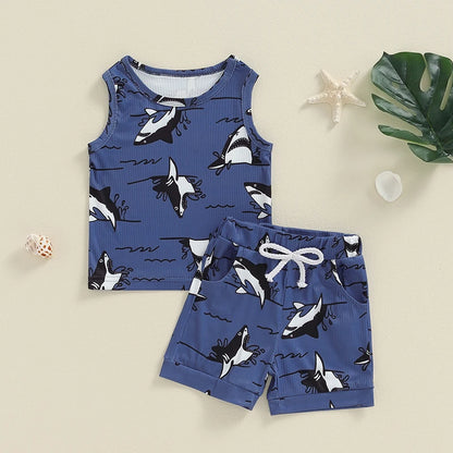 3M-3Y Baby Boy Summer Cartoon Shark Print Outfits Set