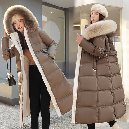 Womens Jacket Winter Women's Long Style Over Knee Big Wool Collar Cotton Jacket