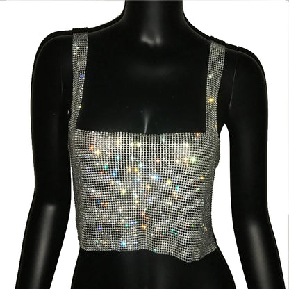 Women Sexy Metal Crystal Diamonds Sequined Night Club Party Wear Crop Top