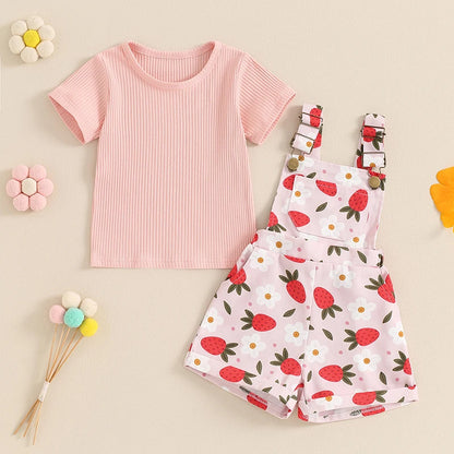 2Pcs Solid Color Ribbed Short Sleeve Clothing Set