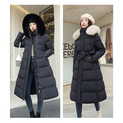 Womens Jacket Winter Women's Long Style Over Knee Big Wool Collar Cotton Jacket