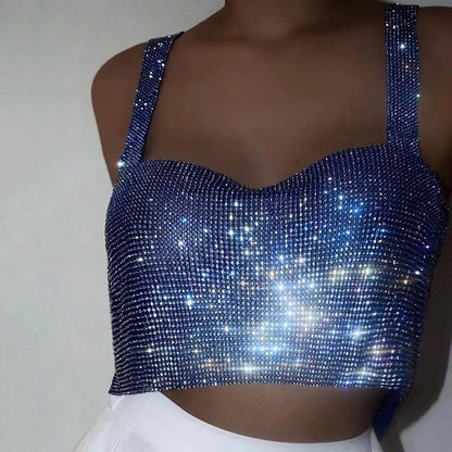 Women Sexy Metal Crystal Diamonds Sequined Night Club Party Wear Crop Top