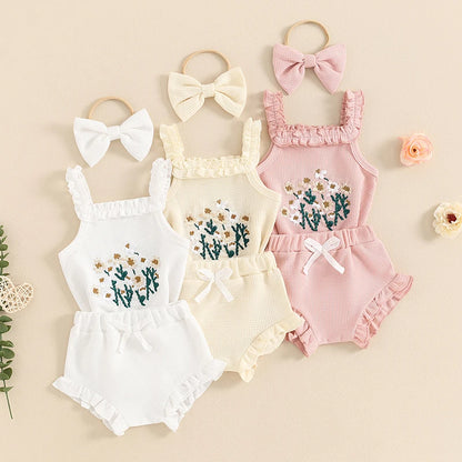 3Pcs Baby Girl Waffle Flower Sleeveless Romper Set