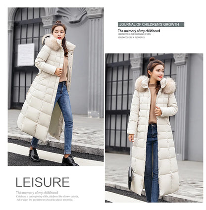 Women's warm fashion bow belt fox fur collar coat long dress women's thick coat