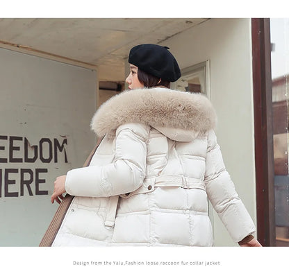 Womens Jacket Winter Women's Long Style Over Knee Big Wool Collar Cotton Jacket