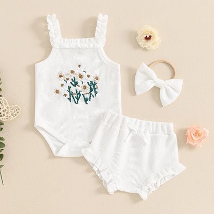 3Pcs Baby Girl Waffle Flower Sleeveless Romper Set