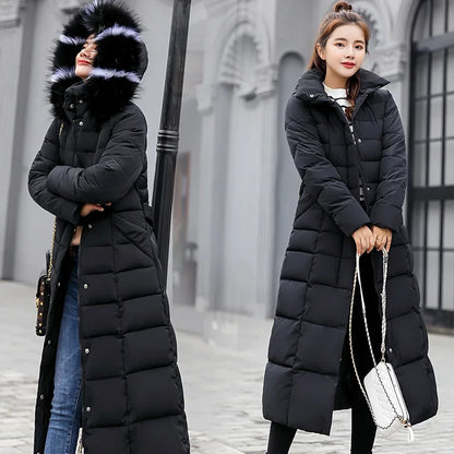 Women's warm fashion bow belt fox fur collar coat long dress women's thick coat
