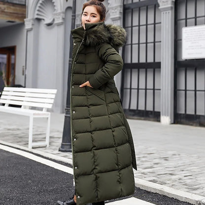 Women's warm fashion bow belt fox fur collar coat long dress women's thick coat