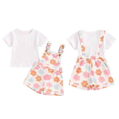 2Pcs Solid Color Ribbed Short Sleeve Clothing Set
