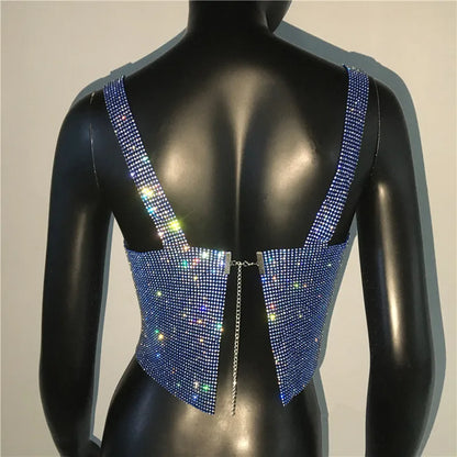 Women Sexy Metal Crystal Diamonds Sequined Night Club Party Wear Crop Top