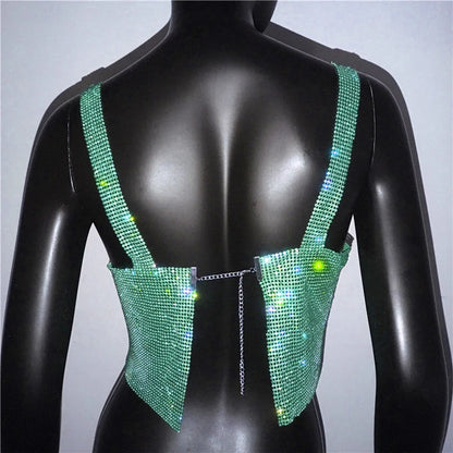 Women Sexy Metal Crystal Diamonds Sequined Night Club Party Wear Crop Top