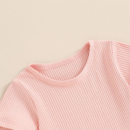 2Pcs Solid Color Ribbed Short Sleeve Clothing Set