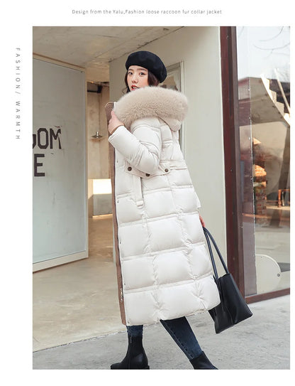 Womens Jacket Winter Women's Long Style Over Knee Big Wool Collar Cotton Jacket
