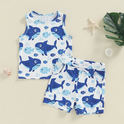 3M-3Y Baby Boy Summer Cartoon Shark Print Outfits Set