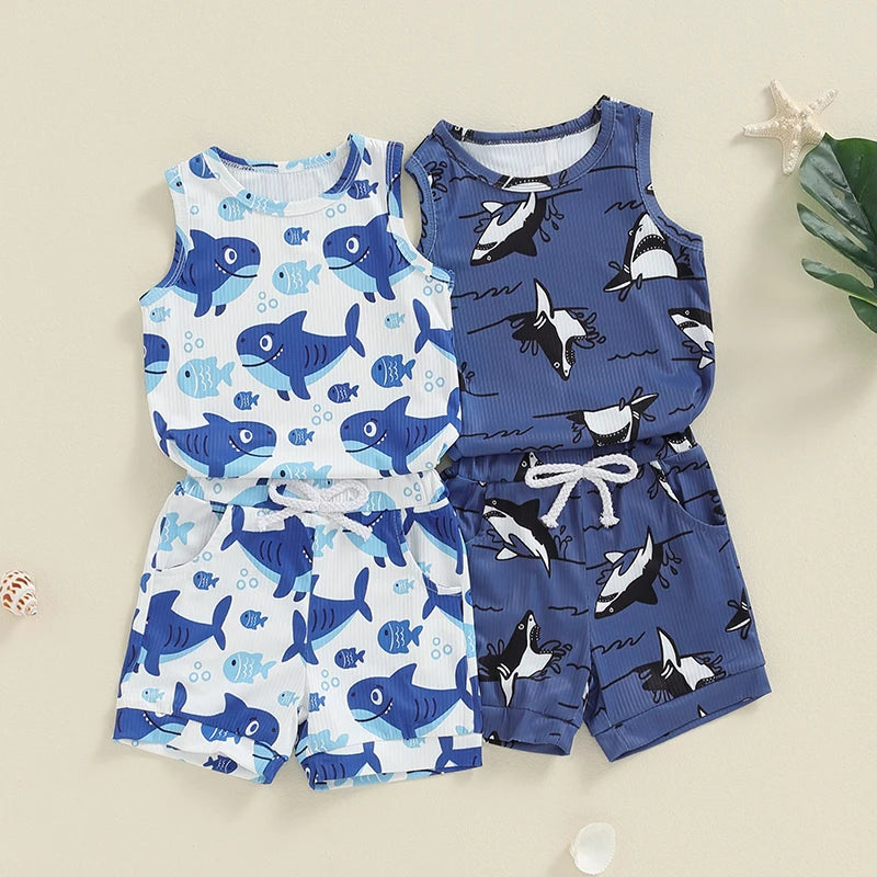 3M-3Y Baby Boy Summer Cartoon Shark Print Outfits Set