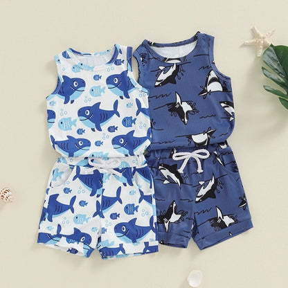 3M-3Y Baby Boy Summer Cartoon Shark Print Outfits Set