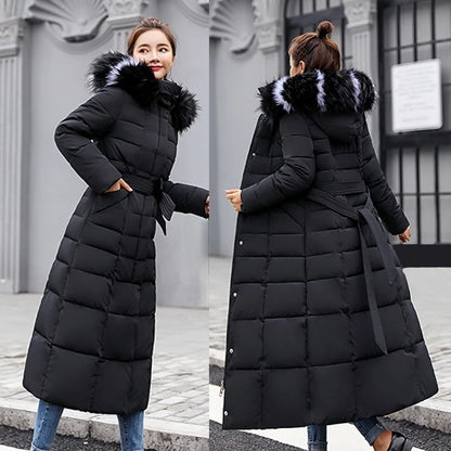 Women's warm fashion bow belt fox fur collar coat long dress women's thick coat