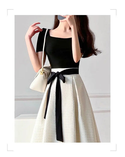 Womens T-shirt Dress Suit High Waist Elegant Fashion Pleated Skirts
