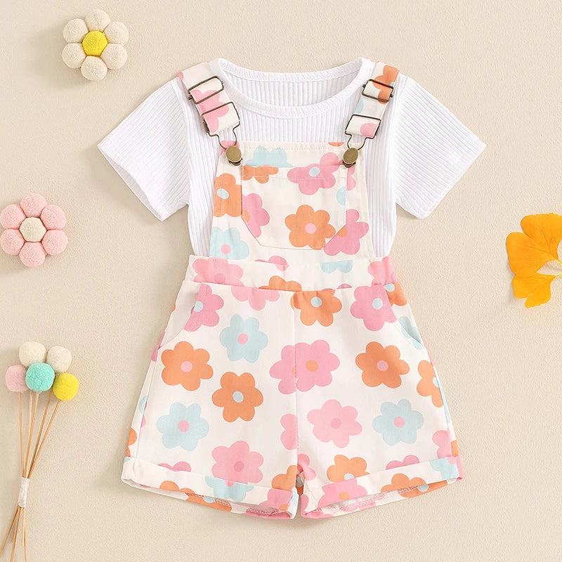 2Pcs Solid Color Ribbed Short Sleeve Clothing Set