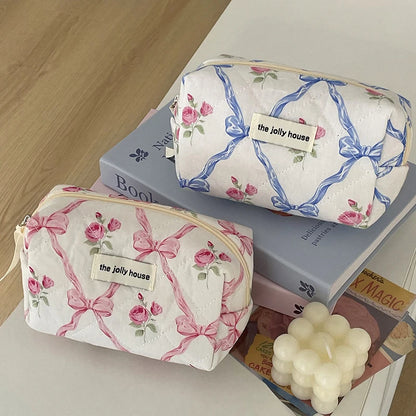 Cotton Fashion Cute Bow Flower Make-up Bag