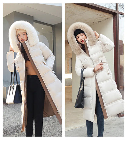 Womens Jacket Winter Women's Long Style Over Knee Big Wool Collar Cotton Jacket
